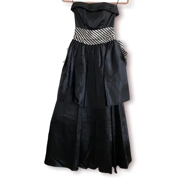 Vintage 1980s Gunne Sax formal prom dress strapless black white bow 3 - Picture 3 of 11